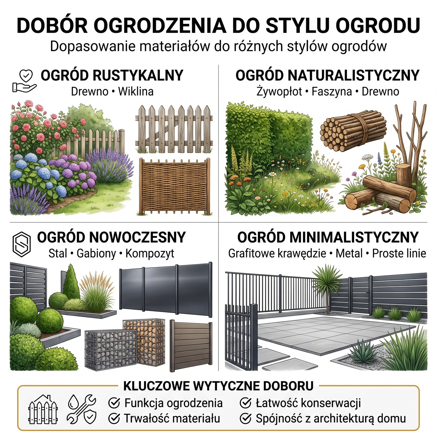 Niski drewniany płotek ogrodowy oddzielający rabatę kwiatową od trawnika – aranżacja ogrodowa